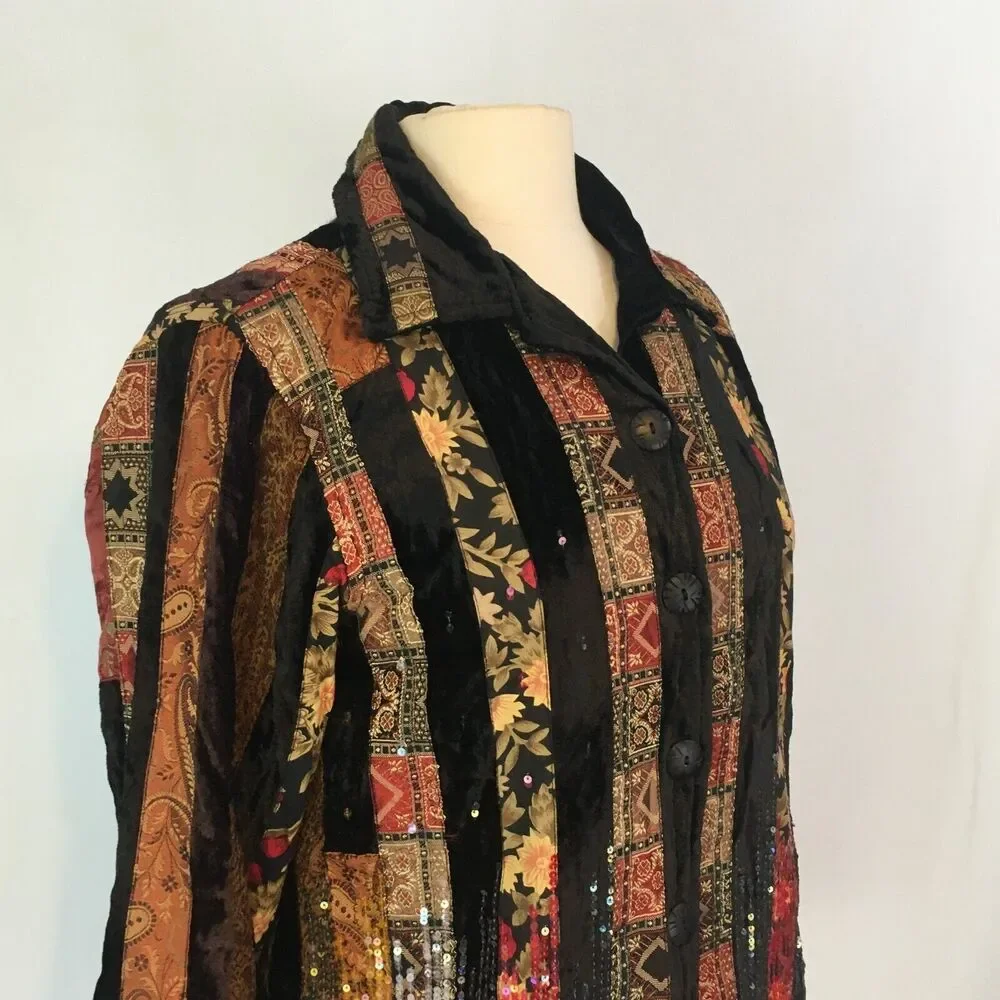Coldwater Creek Womens Tapestry & Black Velvet Patchwork‎ Shirt Jacket, Boho, PS
